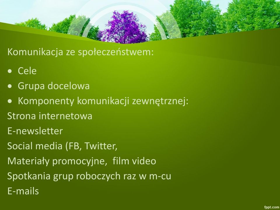 E-newsletter Social media (FB, Twitter, Materiały