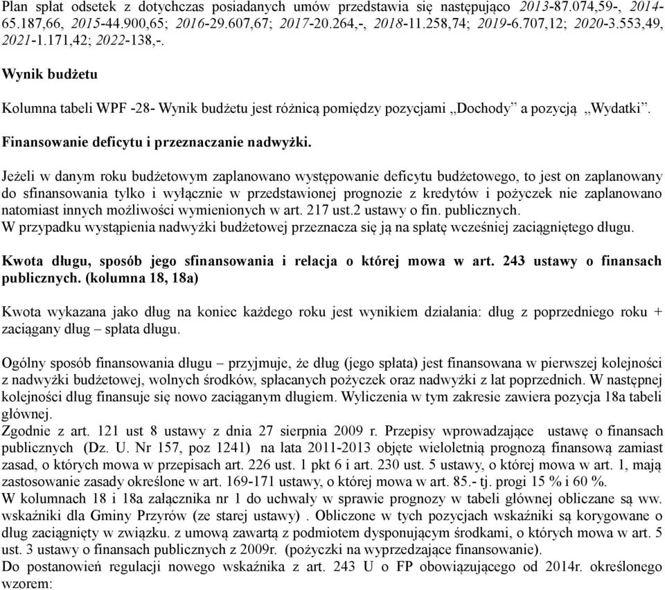 Jeżeli w danym roku budżetowym zaplanowano występowanie deficytu budżetowego, to jest on zaplanowany do sfinansowania tylko i wyłącznie w przedstawionej prognozie z kredytów i pożyczek nie