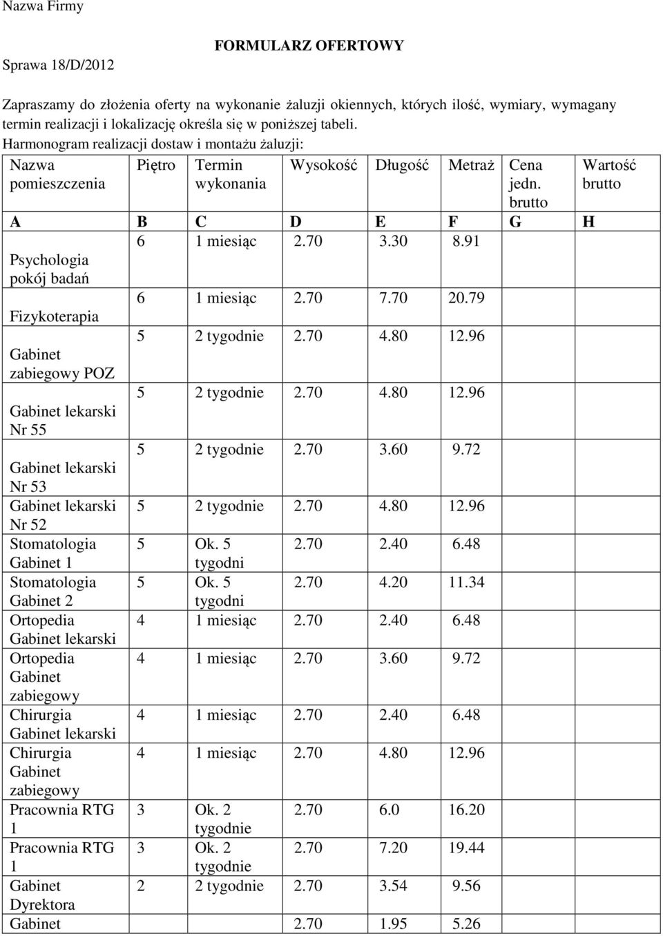 91 Psychologia pokój badań 6 1 miesiąc 2.70 7.70 20.79 Fizykoterapia zabiegowy POZ Nr 55 5 2 tygodnie 2.70 3.60 9.72 Nr 53 Nr 52 Stomatologia 5 Ok. 5 2.70 2.40 6.48 1 tygodni Stomatologia 5 Ok. 5 2.70 4.