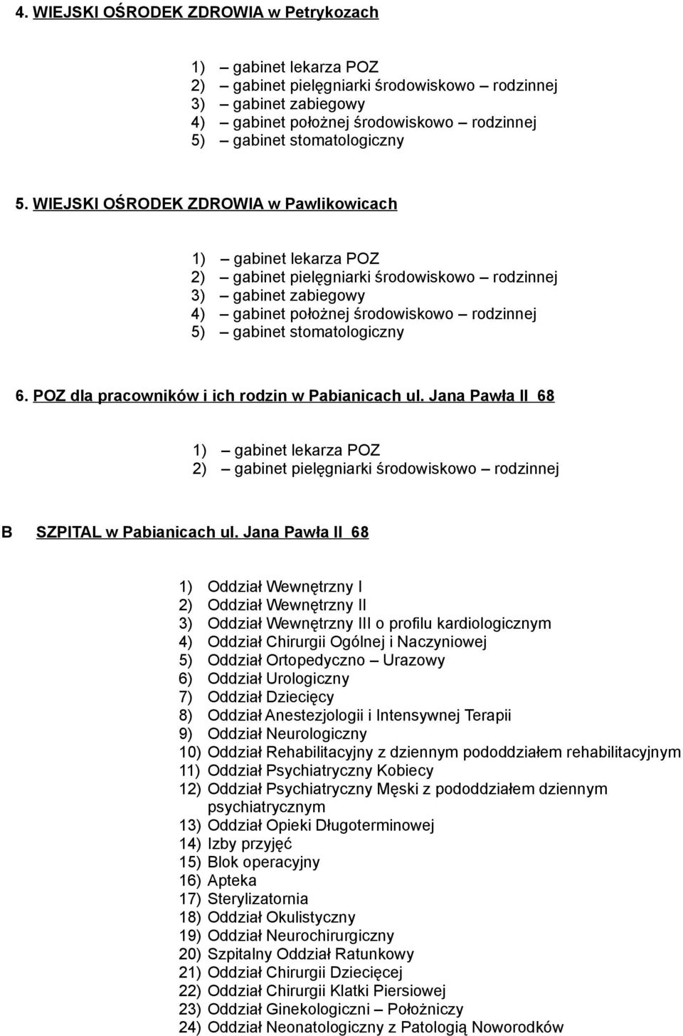 WIEJSKI OŚRODEK ZDROWIA w Pawlikowicach 1) gabinet lekarza POZ 2) gabinet pielęgniarki środowiskowo rodzinnej 3) gabinet zabiegowy 4) gabinet położnej środowiskowo rodzinnej 5) gabinet