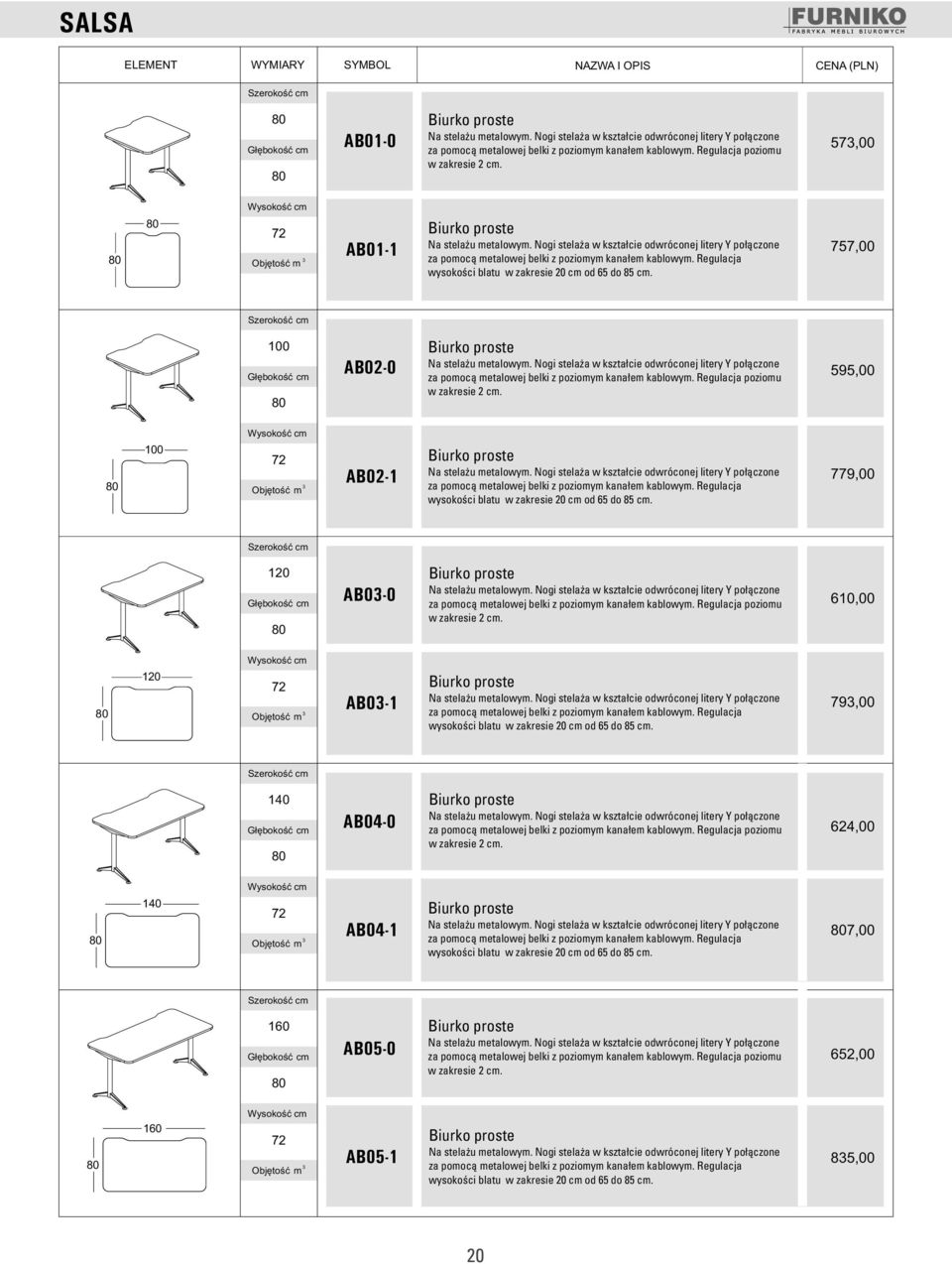 Regulacja wysokości blatu w zakresie 20 cm od 65 do 85 cm. 757,00 100 AB02-0 Biurko proste Na stelażu metalowym.