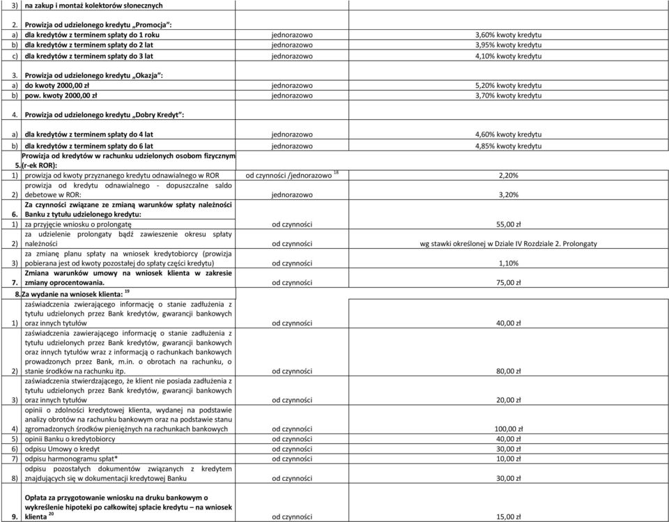 dla kredytów z terminem spłaty do 3 lat jednorazowo 4,10% kwoty kredytu 3. Prowizja od udzielonego kredytu Okazja : a) do kwoty 2000,00 zł jednorazowo 5,20% kwoty kredytu b) pow.