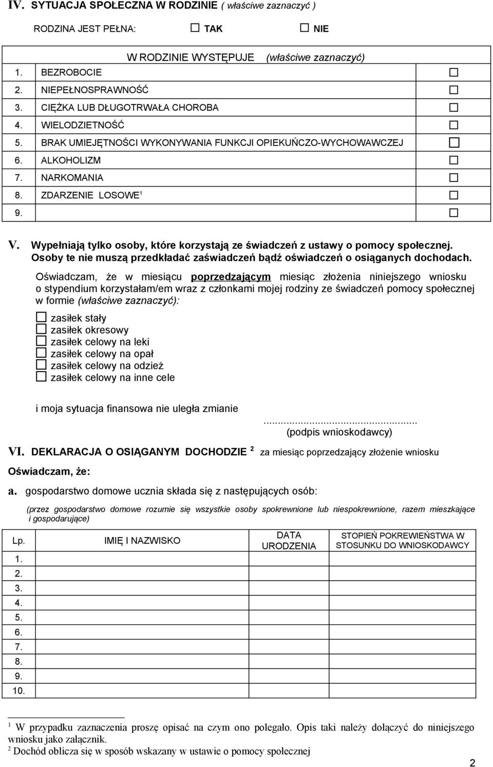 Wypełniają tylko osoby, które korzystają ze świadczeń z ustawy o pomocy społecznej. Osoby te nie muszą przedkładać zaświadczeń bądź oświadczeń o osiąganych dochodach.