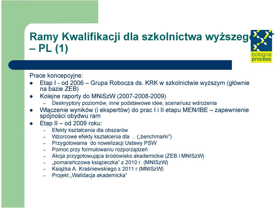 ekspertów) do prac I i II etapu MEN/IBE zapewnienie spójności obydwu ram Etap II od 2009 roku: Efekty kształcenia dla obszarów Wzorcowe efekty kształcenia dla.