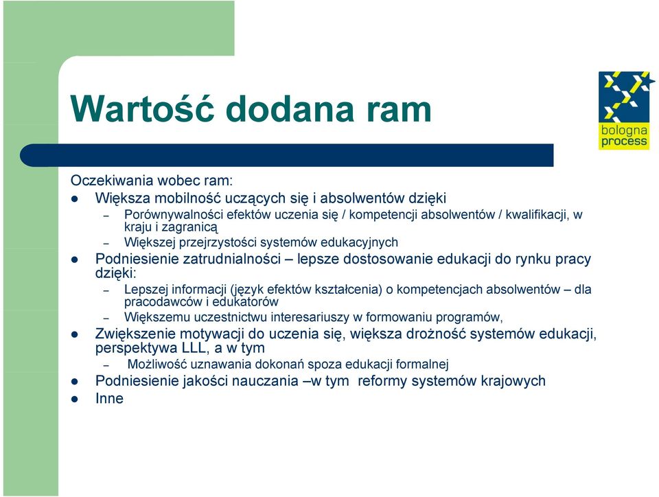 efektów kształcenia) o kompetencjach absolwentów dla pracodawców i edukatorów Większemu uczestnictwu interesariuszy w formowaniu programów, Zwiększenie motywacji do uczenia się,