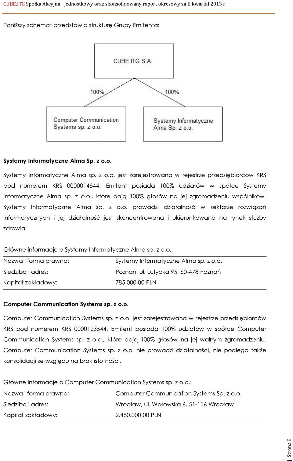 Główne informacje o Systemy Informatyczne Alma sp. z o.o.: Nazwa i forma prawna: Siedziba i adres: Kapitał zakładowy: Systemy Informatyczne Alma sp. z o.o. Poznań, ul. Lutycka 95, 60-478 Poznań 785.