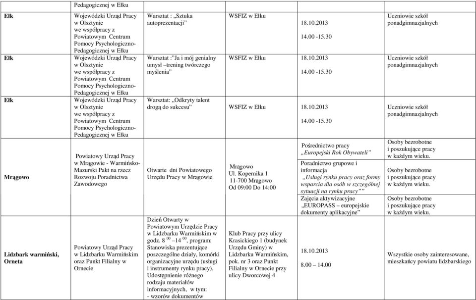 oraz Punkt Filialny w Ornecie Warsztat : Sztuka autoprezentacji Warsztat : Ja i mój genialny umysł trening twórczego myślenia WSFIZ w u 14.00-15.