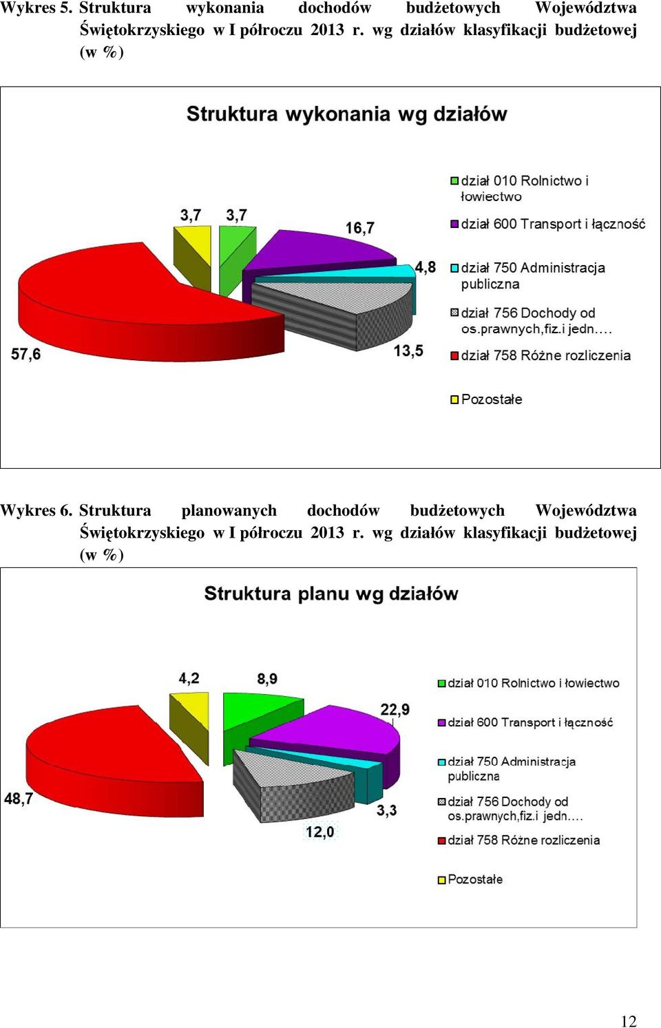 półrozu 2013 r. wg ziłów klsyfikji użetowej (w %) Wykres 6.