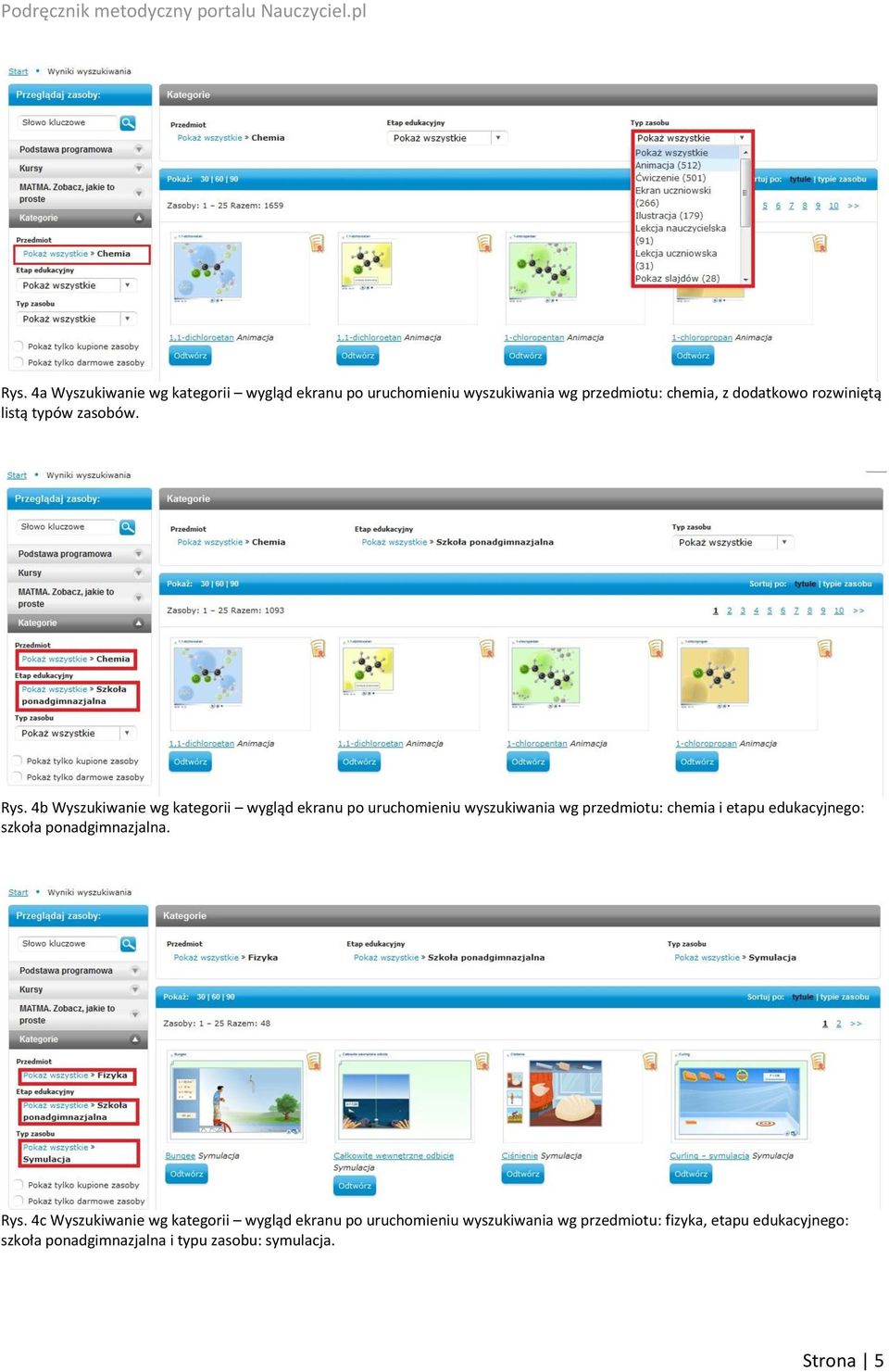 4b Wyszukiwanie wg kategorii wygląd ekranu po uruchomieniu wyszukiwania wg przedmiotu: chemia i etapu edukacyjnego: