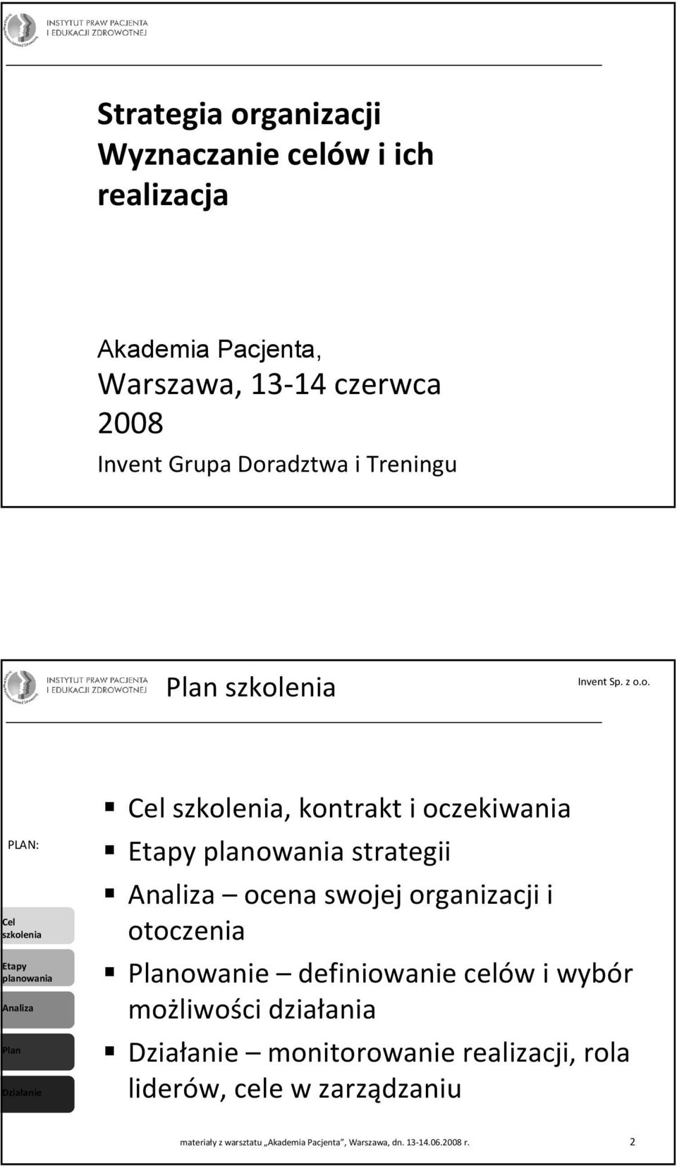 kontrakt i oczekiwania Etapy planowania strategii ocena swojej organizacji i otoczenia owanie