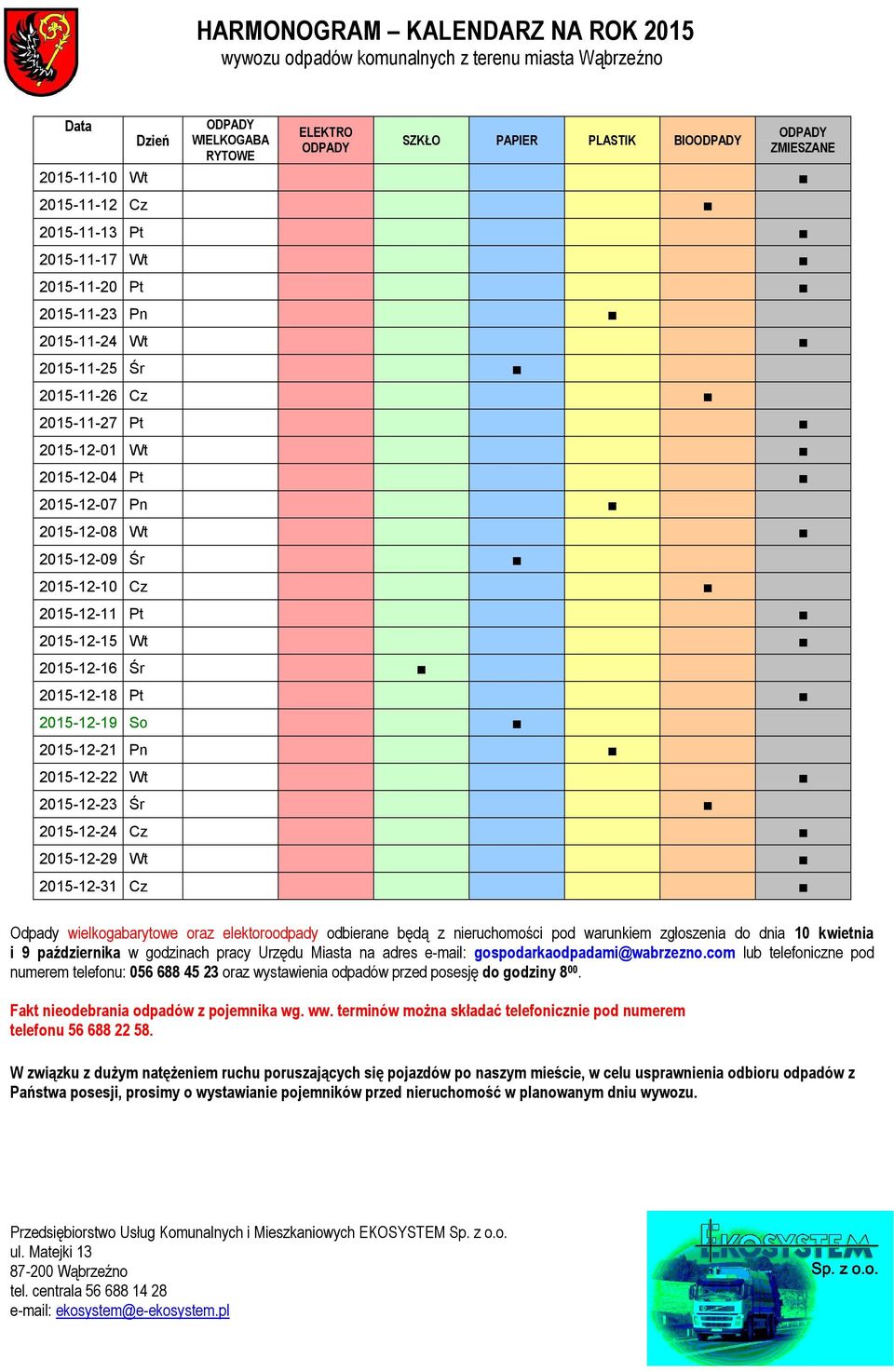 2015-12-31 Cz Odpady wielkogabarytowe oraz elektoroodpady odbierane będą z nieruchomości pod warunkiem zgłoszenia do dnia 10 kwietnia i 9 października w godzinach pracy Urzędu Miasta na adres e-mail: