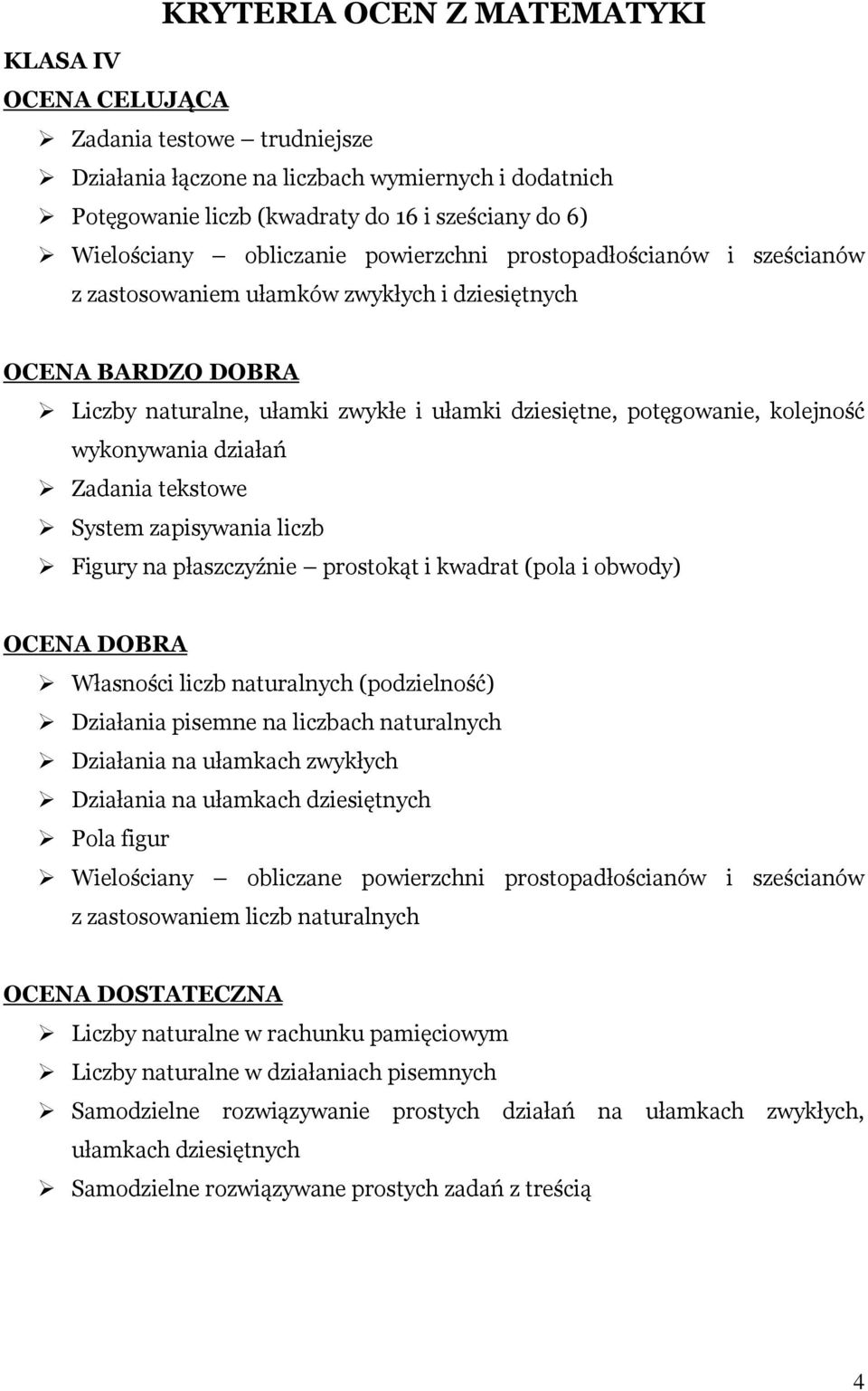 wykonywania działań Zadania tekstowe System zapisywania liczb Figury na płaszczyźnie prostokąt i kwadrat (pola i obwody) OCENA DOBRA Własności liczb naturalnych (podzielność) Działania pisemne na