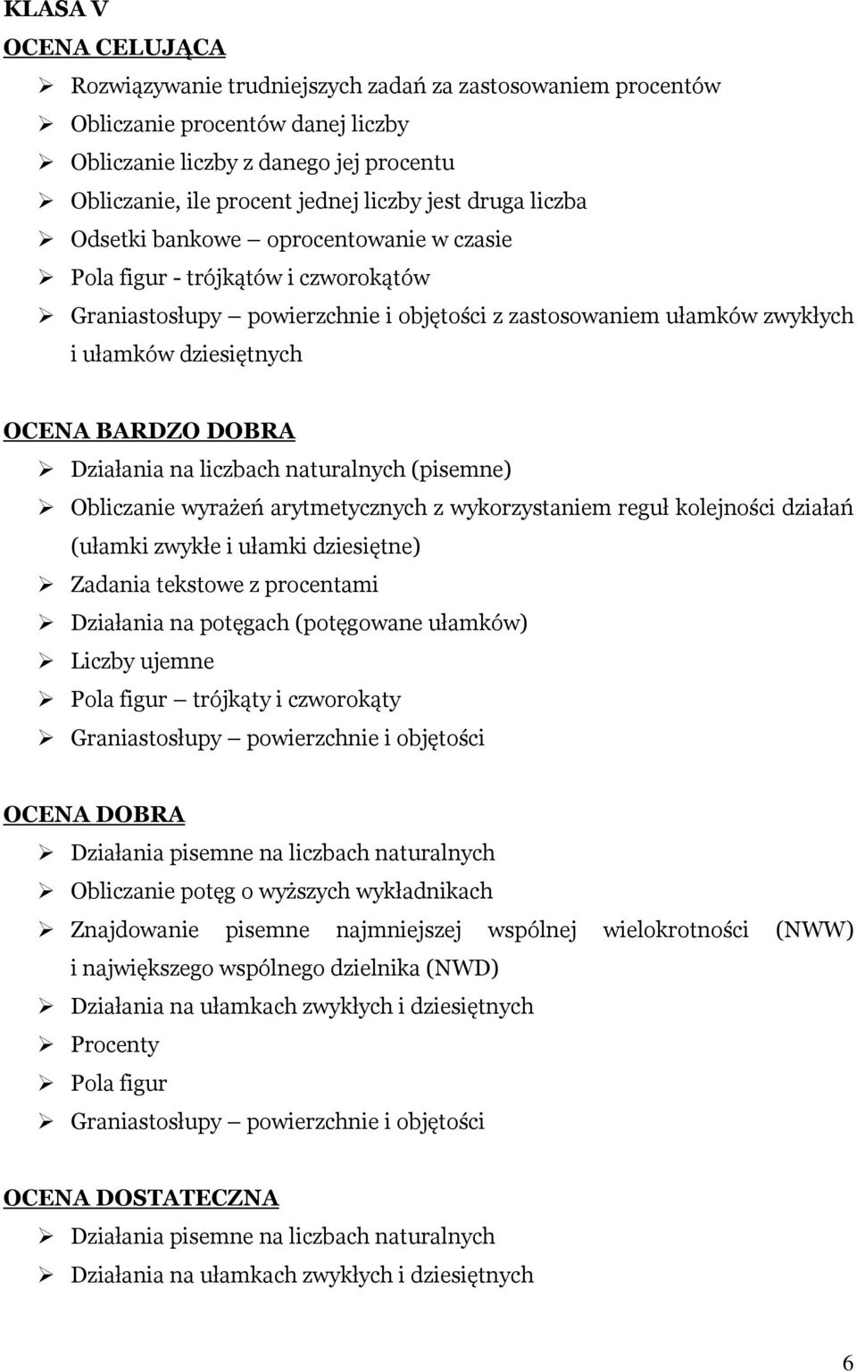 BARDZO DOBRA Działania na liczbach naturalnych (pisemne) Obliczanie wyrażeń arytmetycznych z wykorzystaniem reguł kolejności działań (ułamki zwykłe i ułamki dziesiętne) Zadania tekstowe z procentami
