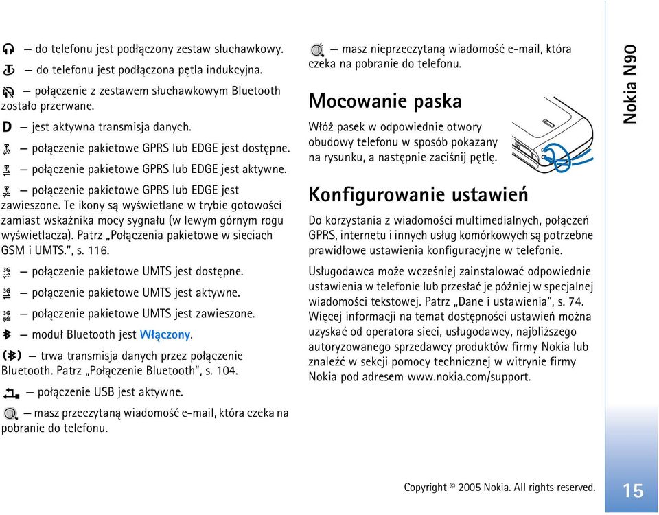 Te ikony s± wy wietlane w trybie gotowo ci zamiast wska¼nika mocy sygna³u (w lewym górnym rogu wy wietlacza). Patrz Po³±czenia pakietowe w sieciach GSM i UMTS., s. 116.