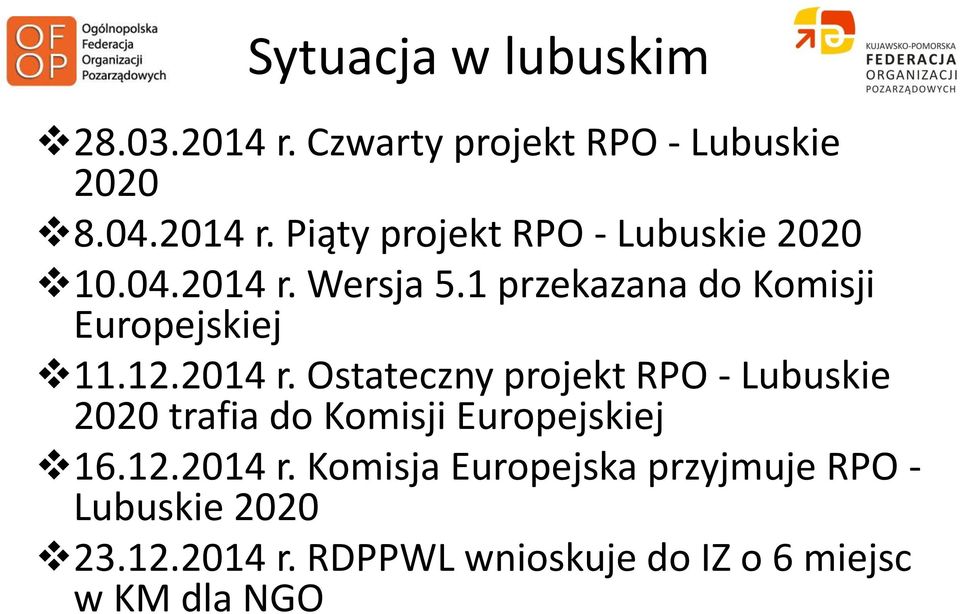 12.2014 r. Komisja Europejska przyjmuje RPO - Lubuskie 2020 23.12.2014 r. RDPPWL wnioskuje do IZ o 6 miejsc w KM dla NGO