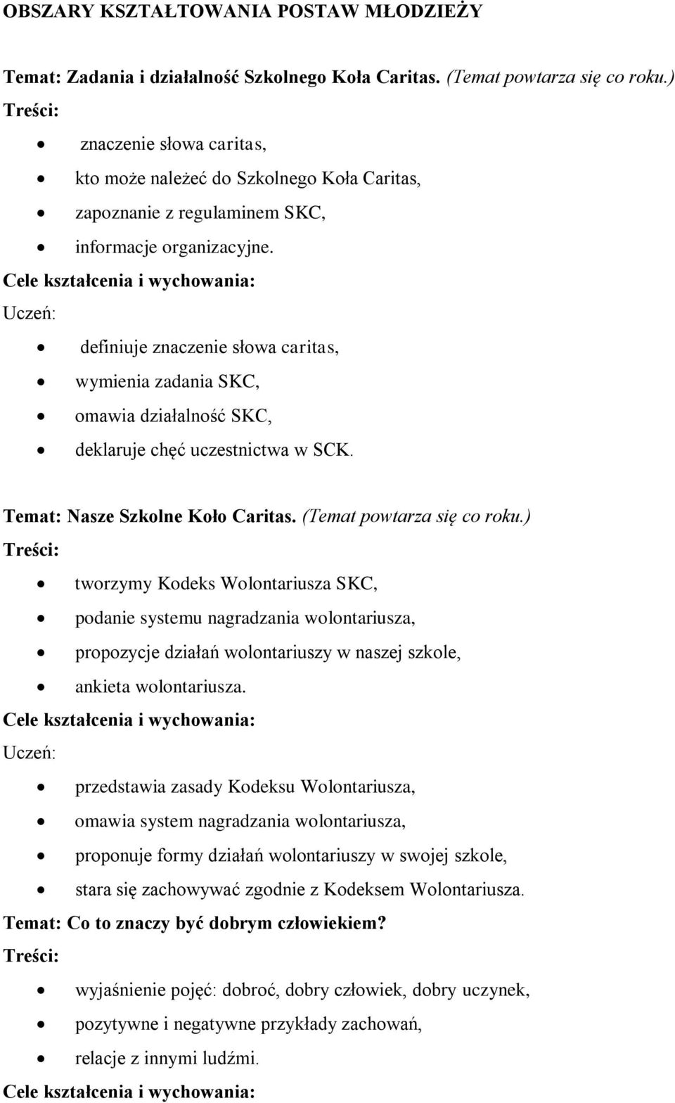 definiuje znaczenie słowa caritas, wymienia zadania SKC, omawia działalność SKC, deklaruje chęć uczestnictwa w SCK. Temat: Nasze Szkolne Koło Caritas. (Temat powtarza się co roku.