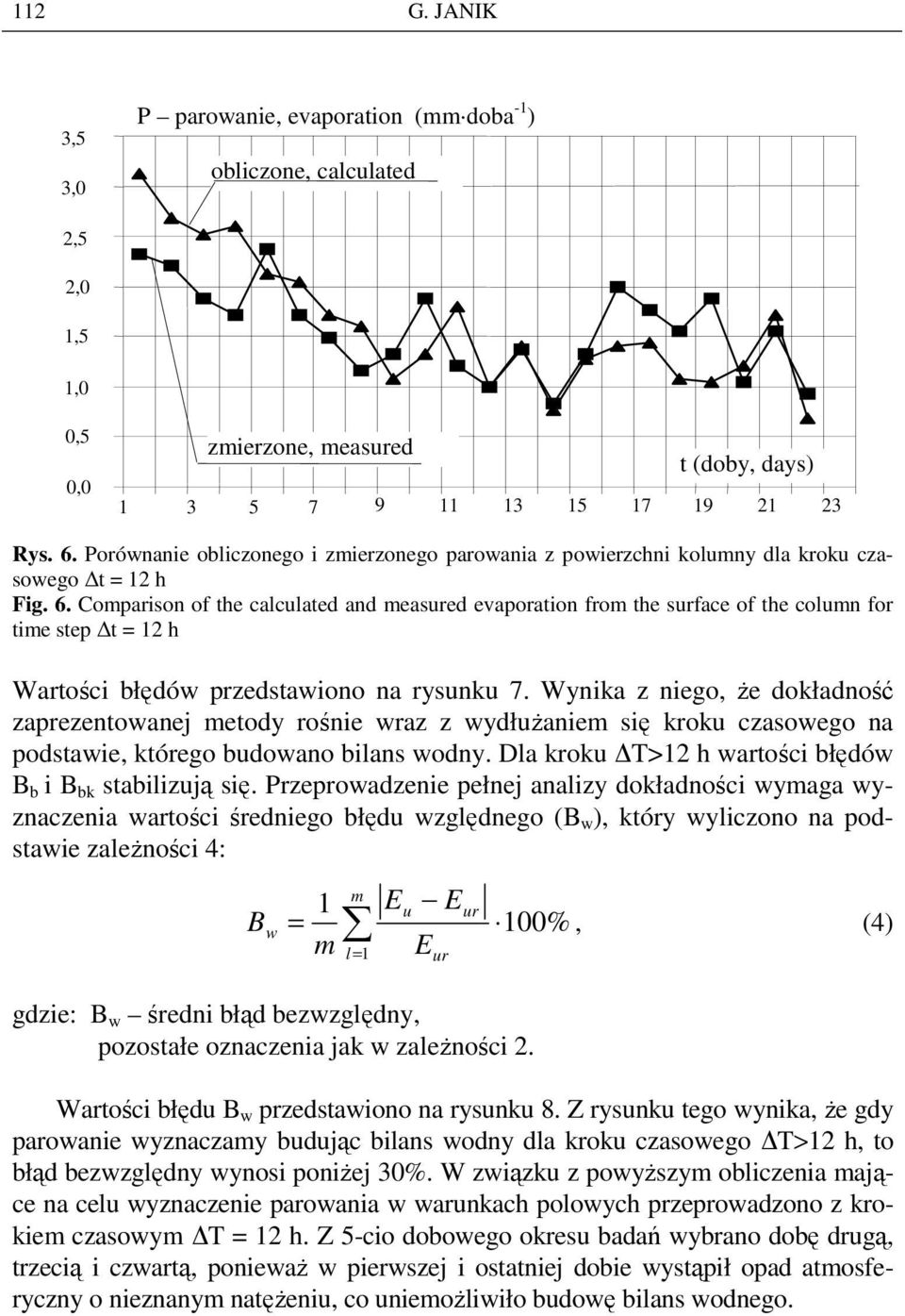 Comparson of the calculated and measured evaporaton from the surface of the column for tme step t = 2 h Wartośc błędów przedstawono na rysunku 7.