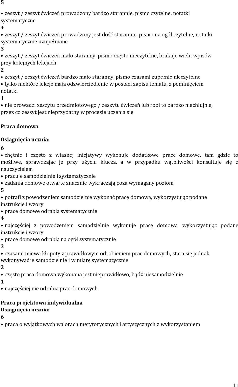 nieczytelne tylko niektóre lekcje maja odzwierciedlenie w postaci zapisu tematu, z pominięciem notatki nie prowadzi zeszytu przedmiotowego / zeszytu ćwiczeń lub robi to bardzo niechlujnie, przez co