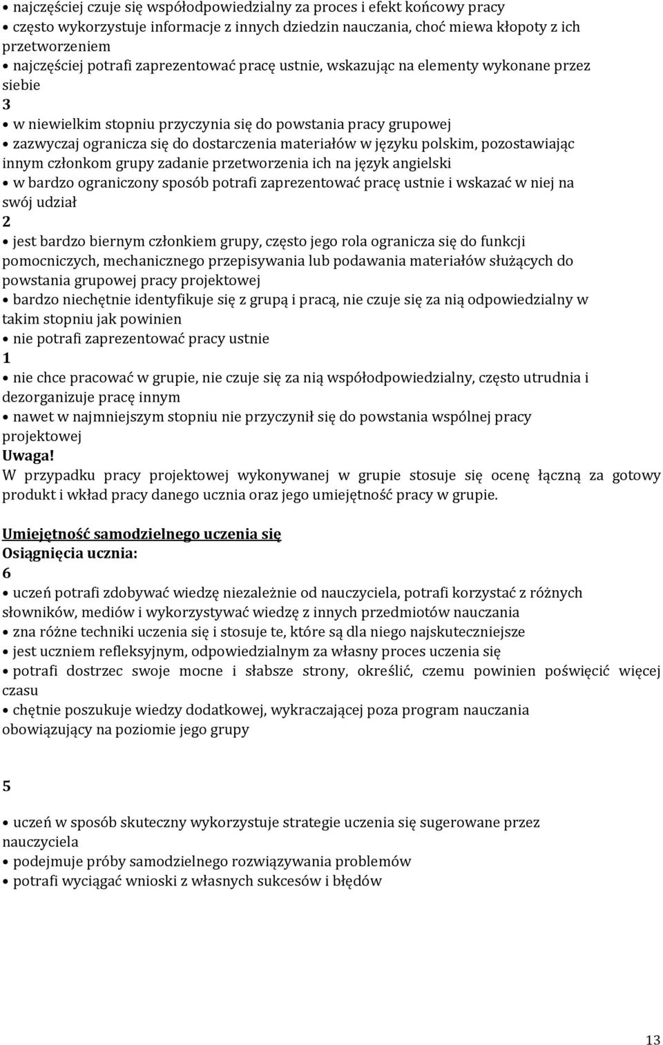 polskim, pozostawiając innym członkom grupy zadanie przetworzenia ich na język angielski w bardzo ograniczony sposób potrafi zaprezentować pracę ustnie i wskazać w niej na swój udział jest bardzo