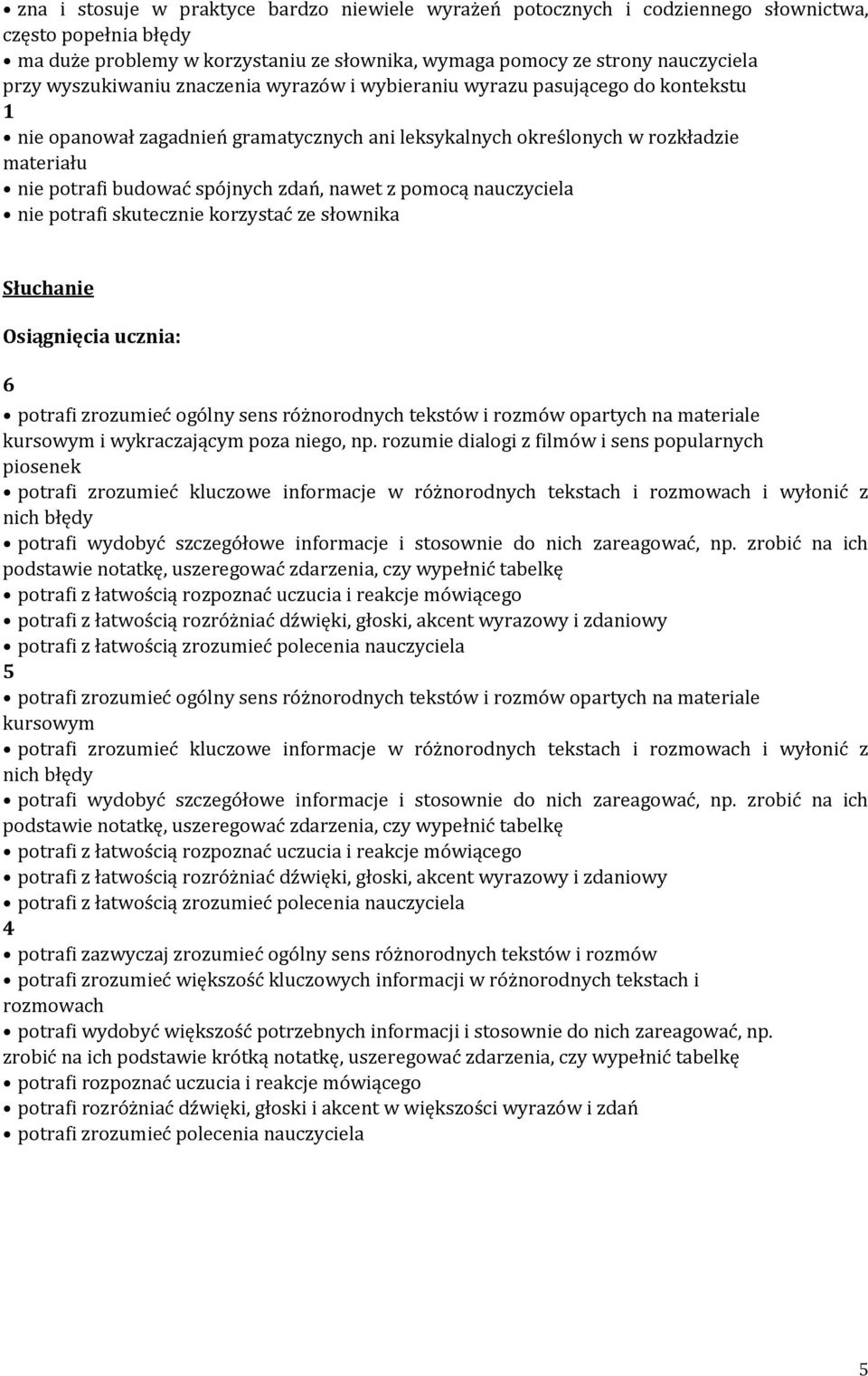 nawet z pomocą nauczyciela nie potrafi skutecznie korzystać ze słownika Słuchanie potrafi zrozumieć ogólny sens różnorodnych tekstów i rozmów opartych na materiale kursowym i wykraczającym poza