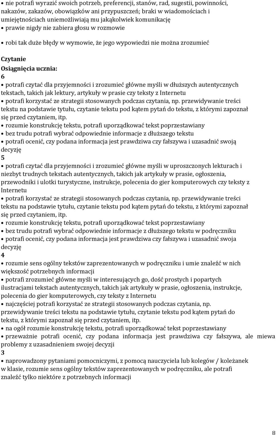 myśli w dłuższych autentycznych tekstach, takich jak lektury, artykuły w prasie czy teksty z Internetu potrafi korzystać ze strategii stosowanych podczas czytania, np.