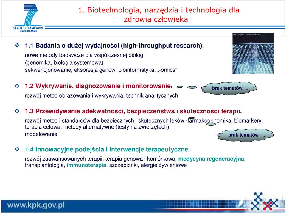 rozwój metod obrazowania i wykrywania, technik analitycznych brak tematów 1.3 Przewidywanie adekwatności, bezpieczeństwa i skuteczności terapii.