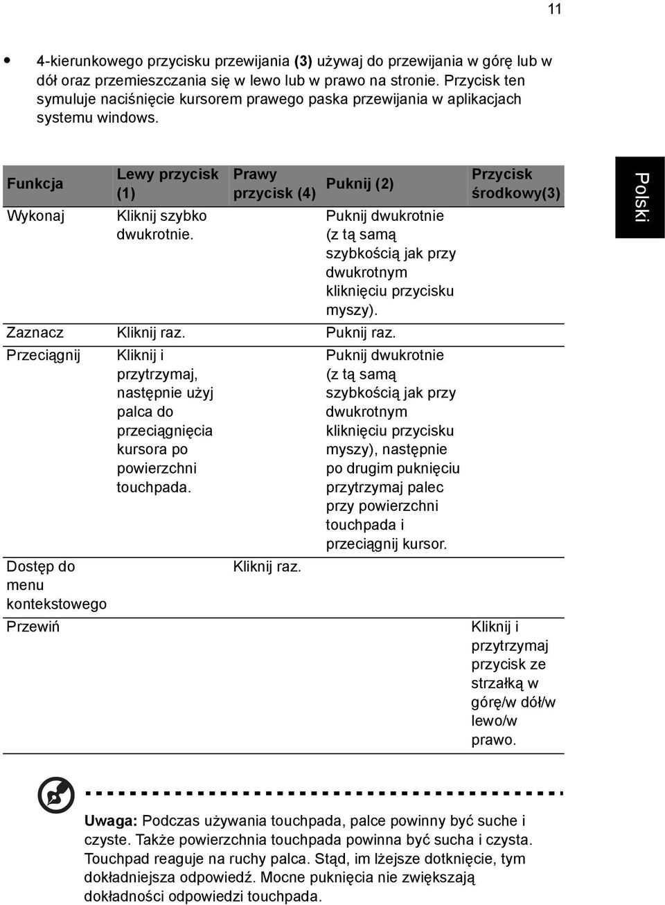 Prawy przycisk (4) Puknij (2) Puknij dwukrotnie (z tą samą szybkością jak przy dwukrotnym kliknięciu przycisku myszy). Przycisk środkowy(3) Zaznacz Kliknij raz. Puknij raz.