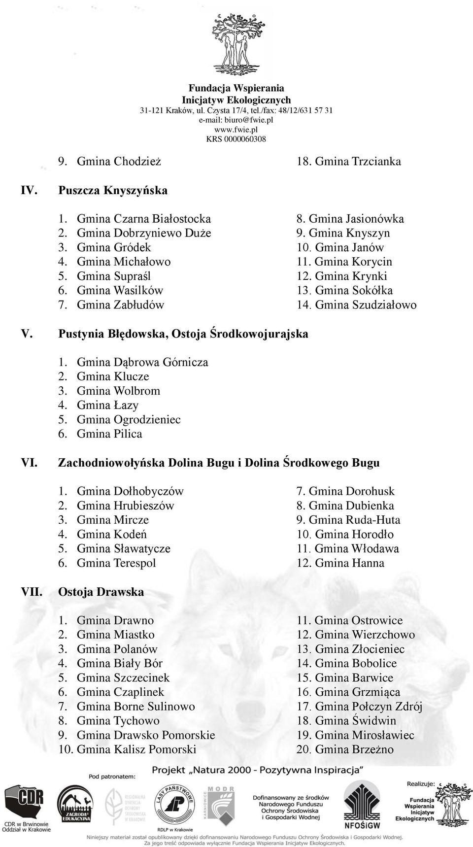 Gmina Dąbrowa Górnicza 2. Gmina Klucze 3. Gmina Wolbrom 4. Gmina Łazy 5. Gmina Ogrodzieniec 6. Gmina Pilica VI. Zachodniowołyńska Dolina Bugu i Dolina Środkowego Bugu 1. Gmina Dołhobyczów 7.