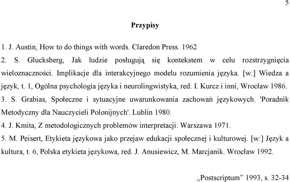 Grabias, Społeczne i sytuacyjne uwarunkowania zachowań językowych. 'Poradnik Metodyczny dla Nauczycieli Polonijnych'. Lublin 1980. 4. J. Kmita, Z metodologicznych problemów interpretacji.