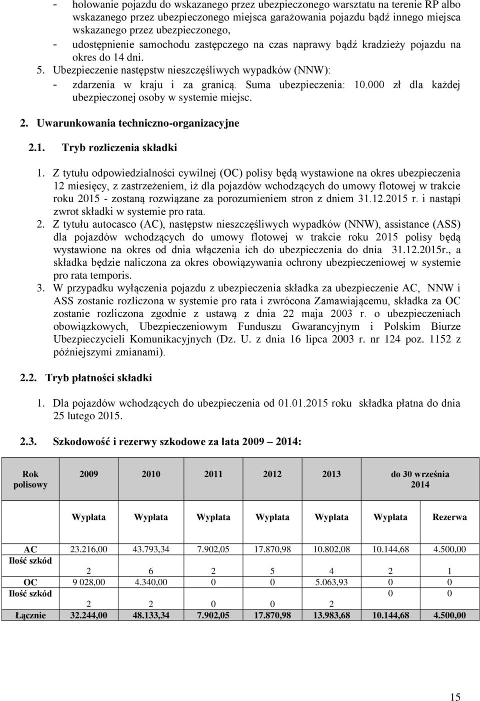 Suma ubezpieczenia: 10.000 zł dla każdej ubezpieczonej osoby w systemie miejsc. 2. Uwarunkowania techniczno-organizacyjne 2.1. Tryb rozliczenia składki 1.