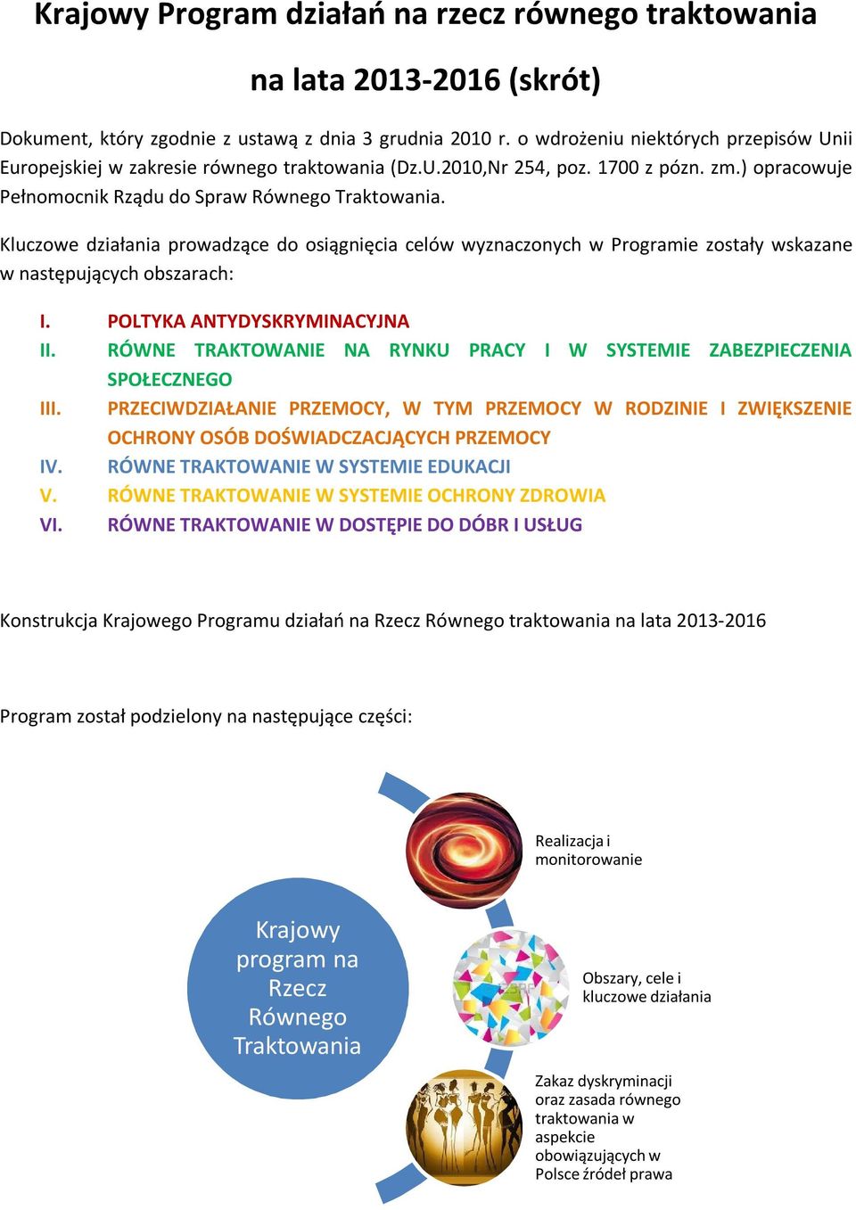 Kluczowe działania prowadzące do osiągnięcia celów wyznaczonych w Programie zostały wskazane w następujących obszarach: I. POLTYKA ANTYDYSKRYMINACYJNA II.