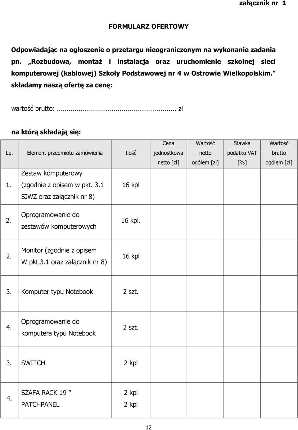 .. zł na którą składają się: Cena Wartość Stawka Wartość Lp. Element przedmiotu zamówienia Ilość jednostkowa netto podatku VAT brutto netto [zł] ogółem [zł] [%] ogółem [zł] Zestaw komputerowy 1.