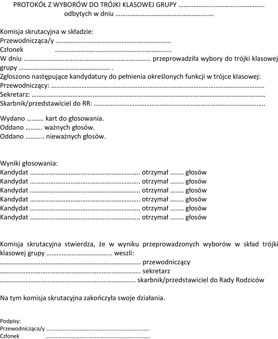 Oddano.. nieważnych głosów. Wyniki głosowania: Kandydat.. otrzymał.. głosów Kandydat.. otrzymał.. głosów Kandydat.. otrzymał.. głosów Kandydat.. otrzymał.. głosów Kandydat.. otrzymał.. głosów Kandydat.. otrzymał.. głosów Komisja skrutacyjna stwierdza, że w wyniku przeprowadzonych wyborów w skład trójki klasowej grupy weszli:.