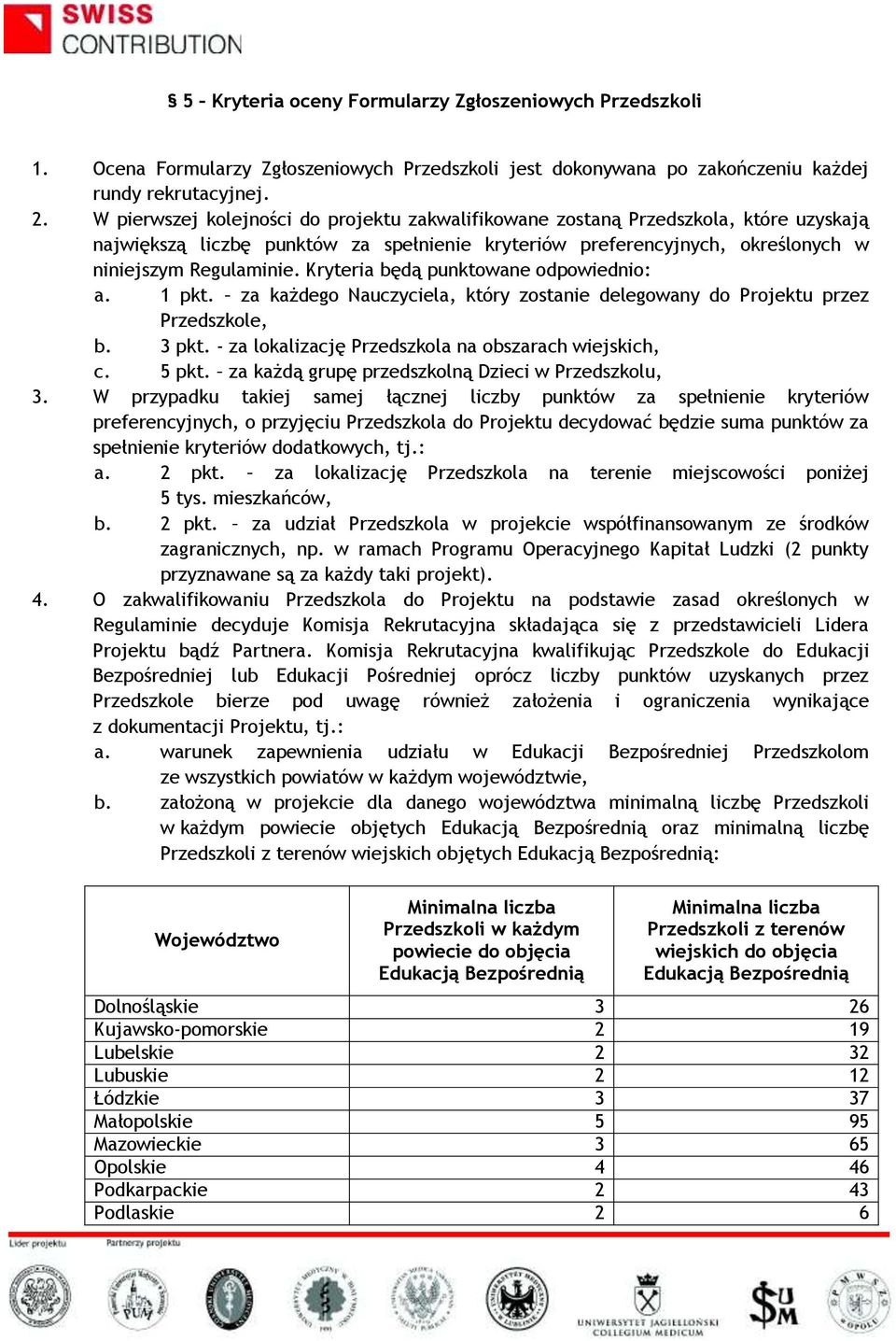 Kryteria będą punktowane odpowiednio: a. 1 pkt. za każdego Nauczyciela, który zostanie delegowany do Projektu przez Przedszkole, b. 3 pkt. - za lokalizację Przedszkola na obszarach wiejskich, c.