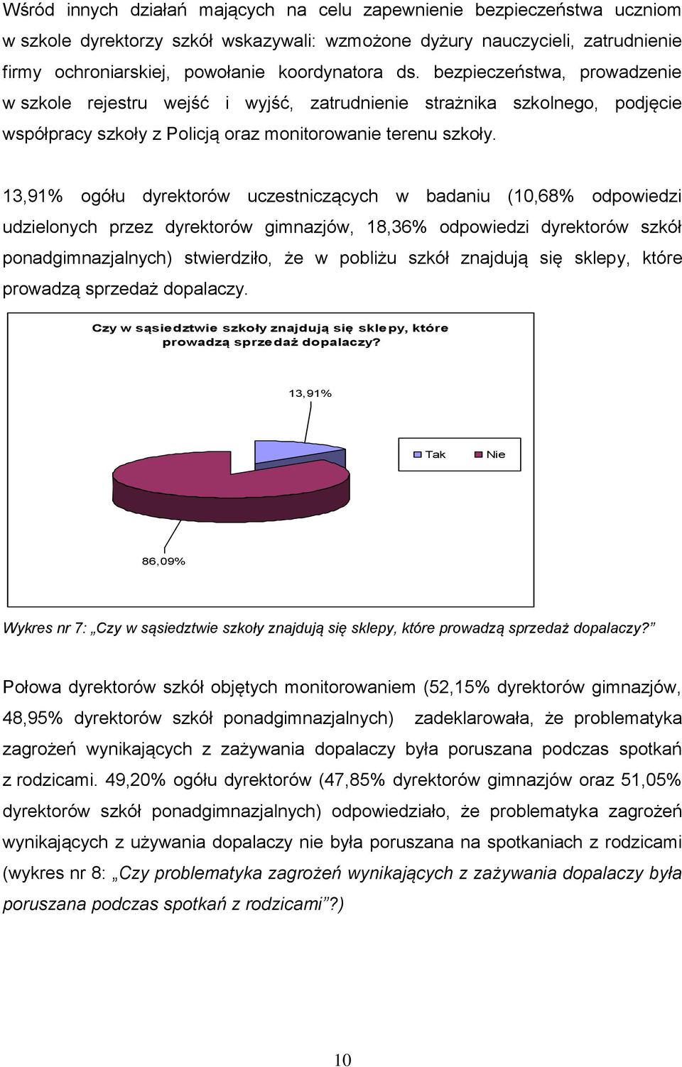 13,91% ogółu dyrektorów uczestniczących w badaniu (10,68% odpowiedzi udzielonych przez dyrektorów gimnazjów, 18,36% odpowiedzi dyrektorów szkół ponadgimnazjalnych) stwierdziło, że w pobliżu szkół