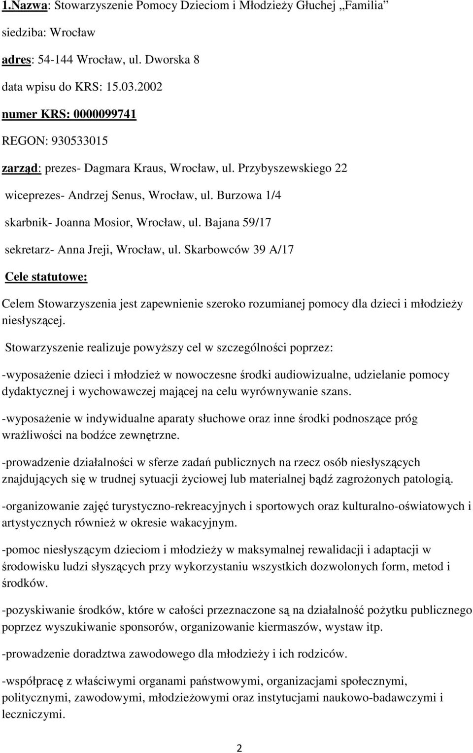 Bajana 59/17 sekretarz- Anna Jreji, Wrocław, ul. Skarbowców 39 A/17 Cele statutowe: Celem Stowarzyszenia jest zapewnienie szeroko rozumianej pomocy dla dzieci i młodzieży niesłyszącej.