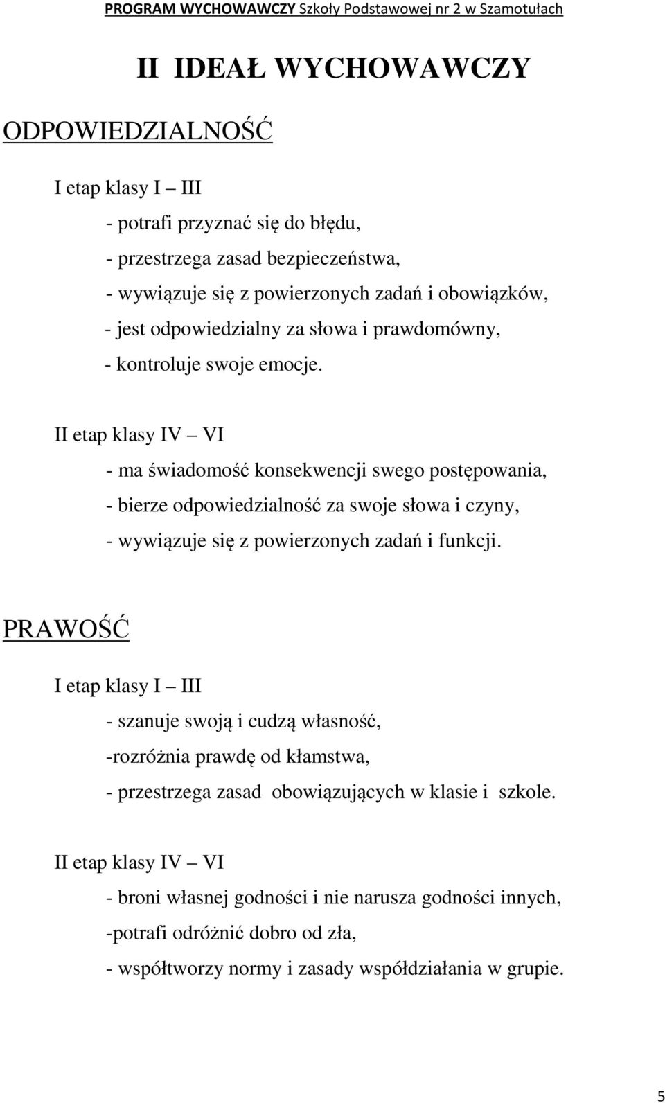 II etap klasy IV VI - ma świadomość konsekwencji swego postępowania, - bierze odpowiedzialność za swoje słowa i czyny, - wywiązuje się z powierzonych zadań i funkcji.