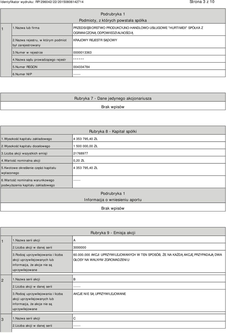 Numer NIP ------ Rubryka 7 - Dane jedynego akcjonariusza Rubryka 8 - Kapitał spółki 1.Wysokość kapitału zakładowego 2.Wysokość kapitału docelowego 4 353 795,40 ZŁ 1 500 000,00 ZŁ 3.