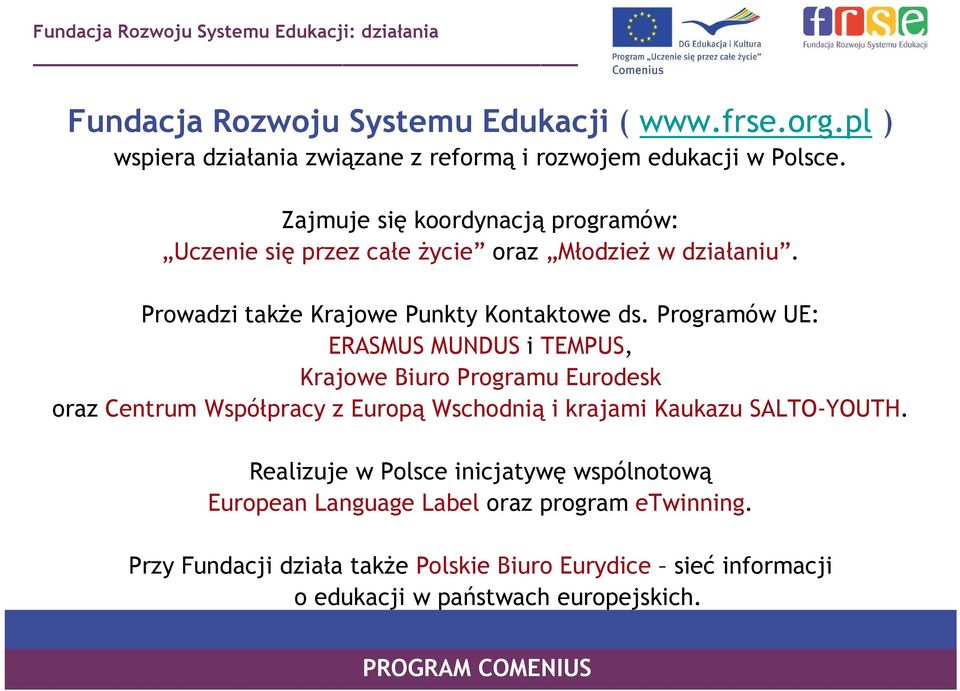 Zajmuje się koordynacją programów: Uczenie się przez całe życie oraz Młodzież w działaniu. Prowadzi także Krajowe Punkty Kontaktowe ds.