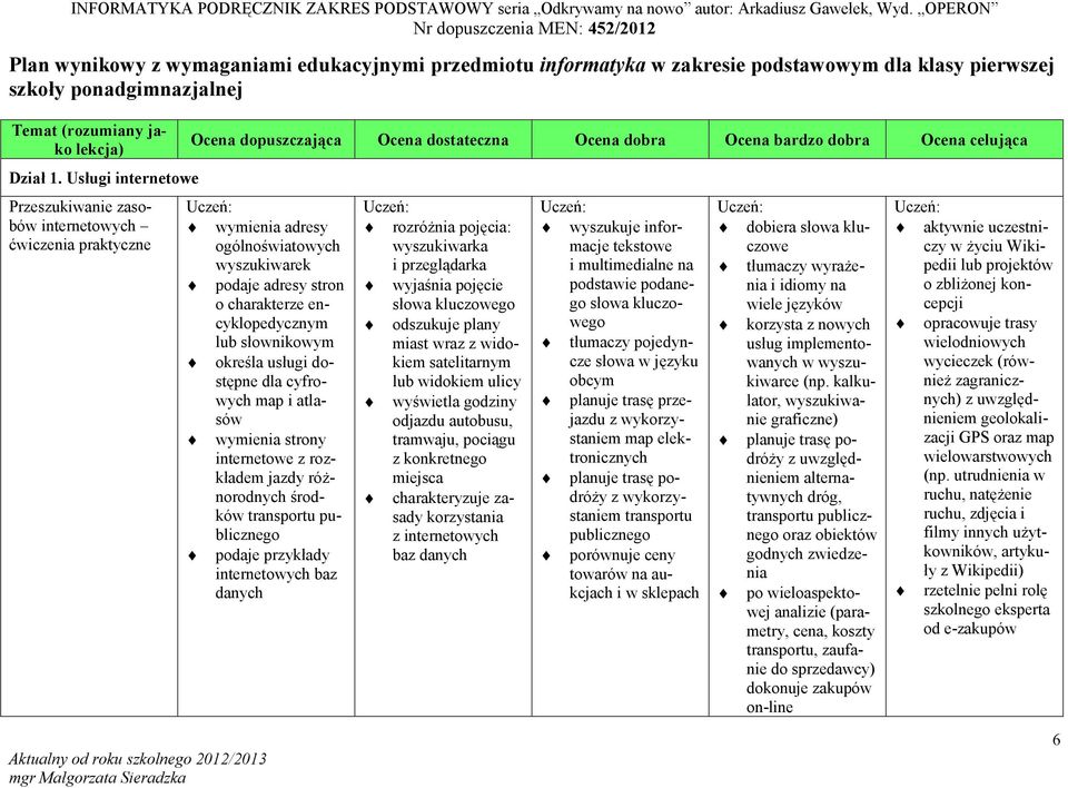 usługi dostępne dla cyfrowych map i atlasów wymienia strony internetowe z rozkładem jazdy różnorodnych środków transportu publicznego podaje przykłady internetowych baz danych rozróżnia pojęcia: