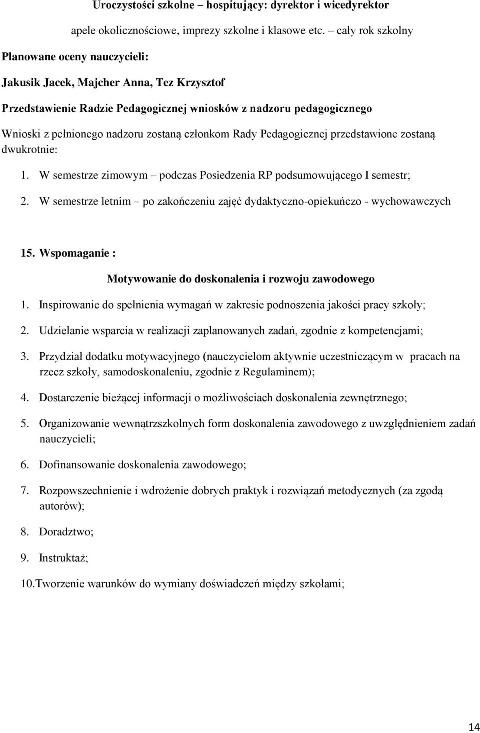 członkom Rady Pedagogicznej przedstawione zostaną dwukrotnie: 1. W semestrze zimowym podczas Posiedzenia RP podsumowującego I semestr; 2.