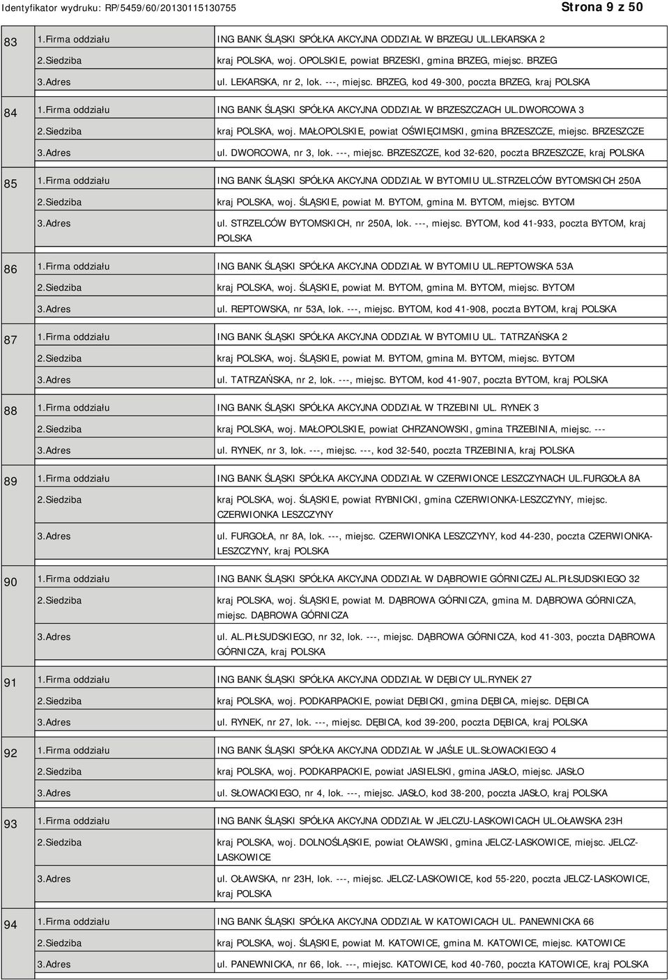 BRZESZCZE ul. DWORCOWA, nr 3, lok. ---, miejsc. BRZESZCZE, kod 32-620, poczta BRZESZCZE, kraj 85 1.Firma oddziału ING BANK ŚLĄSKI SPÓŁKA AKCYJNA ODDZIAŁ W BYTOMIU UL.