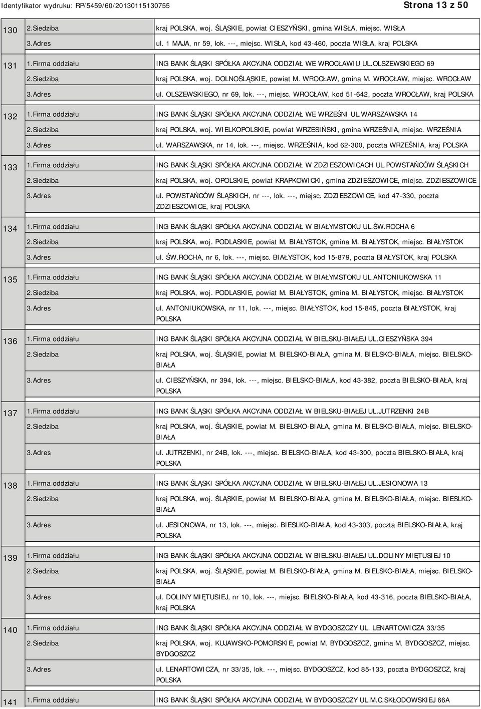 ---, miejsc. WROCŁAW, kod 51-642, poczta WROCŁAW, kraj 132 1.Firma oddziału ING BANK ŚLĄSKI SPÓŁKA AKCYJNA ODDZIAŁ WE WRZEŚNI UL.WARSZAWSKA 14 kraj, woj.
