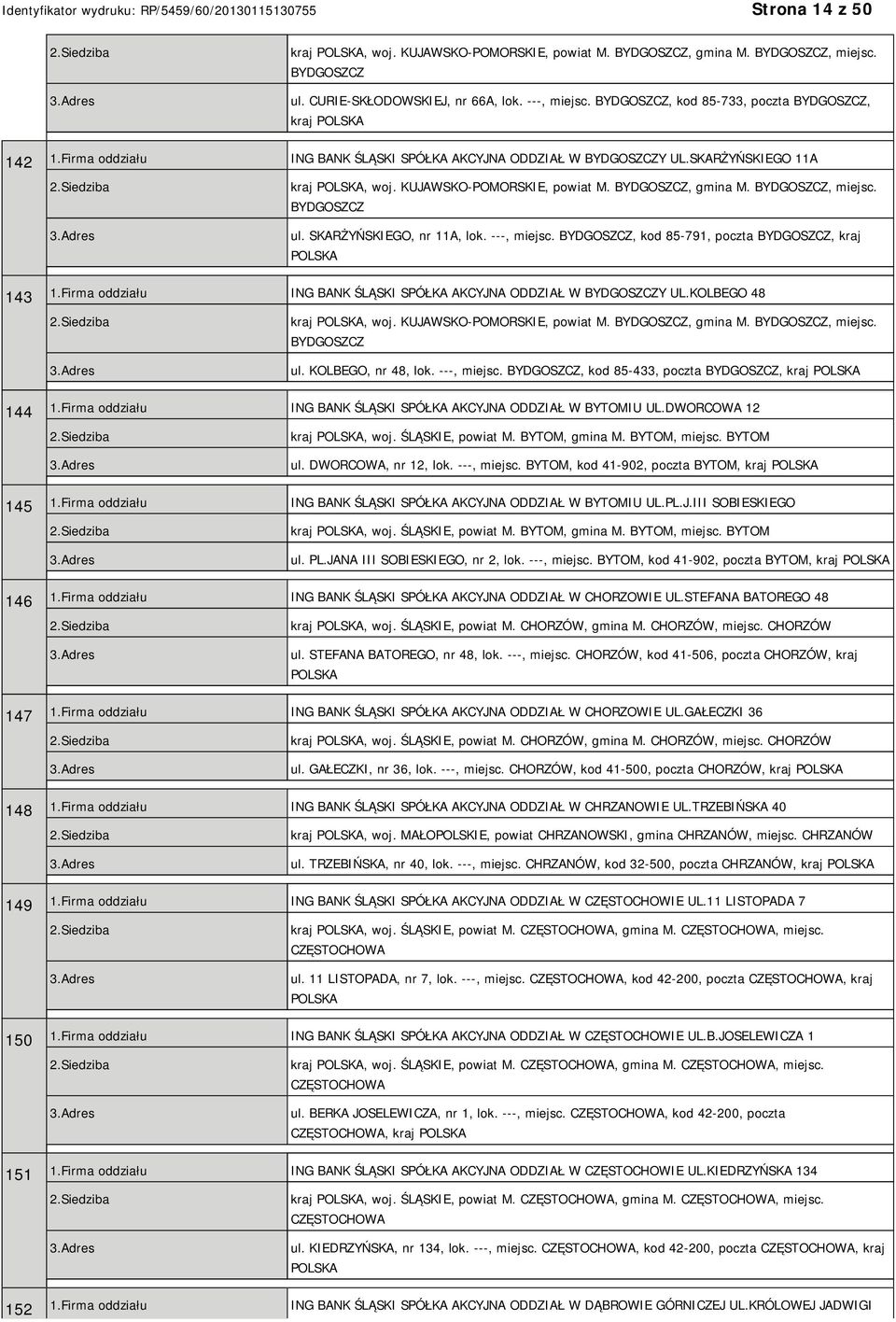 BYDGOSZCZ, miejsc. BYDGOSZCZ ul. SKARŻYŃSKIEGO, nr 11A, lok. ---, miejsc. BYDGOSZCZ, kod 85-791, poczta BYDGOSZCZ, kraj 143 1.Firma oddziału ING BANK ŚLĄSKI SPÓŁKA AKCYJNA ODDZIAŁ W BYDGOSZCZY UL.