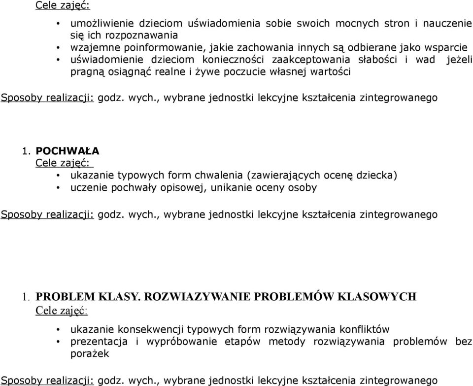 POCHWAŁA ukazanie typowych form chwalenia (zawierających ocenę dziecka) uczenie pochwały opisowej, unikanie oceny osoby, wybrane jednostki lekcyjne kształcenia zintegrowanego 1. PROBLEM KLASY.