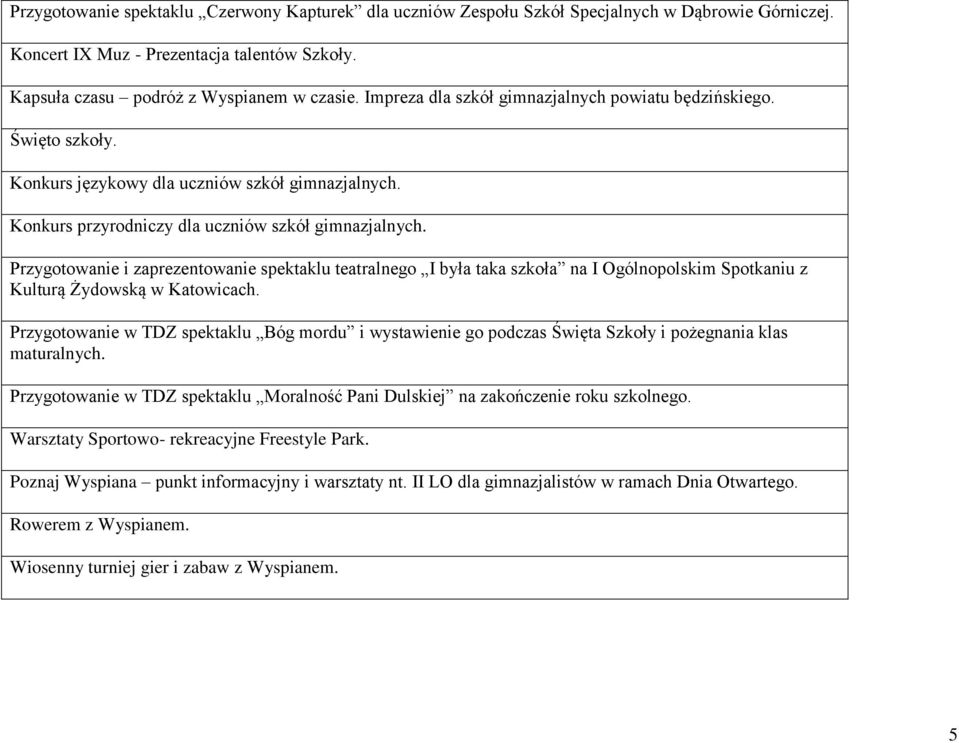 Przygotowanie i zaprezentowanie spektaklu teatralnego I była taka szkoła na I Ogólnopolskim Spotkaniu z Kulturą Żydowską w Katowicach.