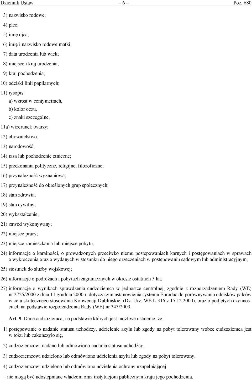 rysopis: a) wzrost w centymetrach, b) kolor oczu, c) znaki szczególne; 11a) wizerunek twarzy; 12) obywatelstwo; 13) narodowość; 14) rasa lub pochodzenie etniczne; 15) przekonania polityczne,