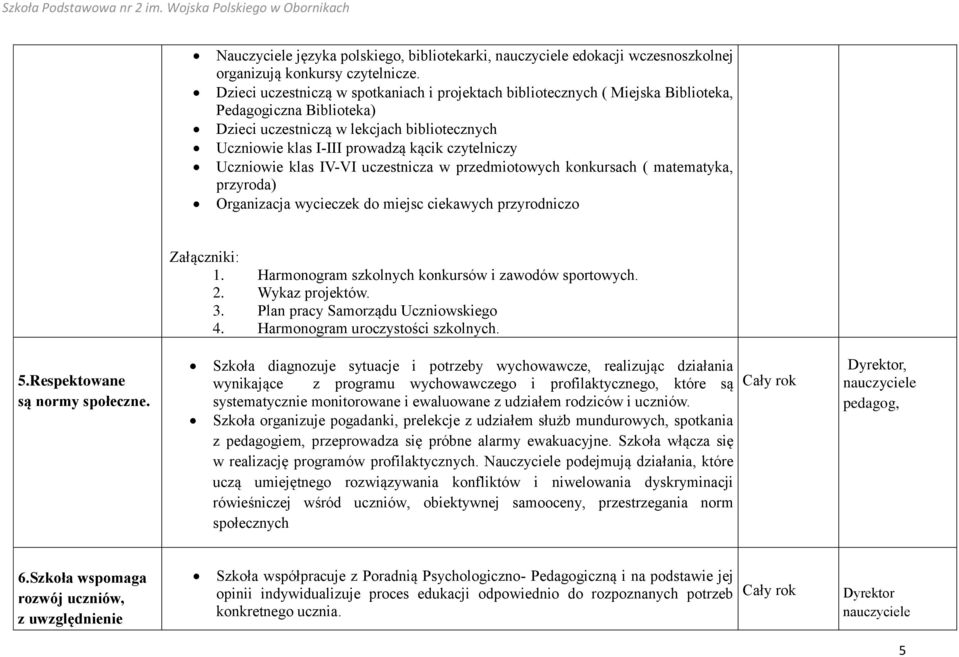 czytelniczy Uczniowie klas IV-VI uczestnicza w przedmiotowych konkursach ( matematyka, przyroda) Organizacja wycieczek do miejsc ciekawych przyrodniczo Załączniki: 1.