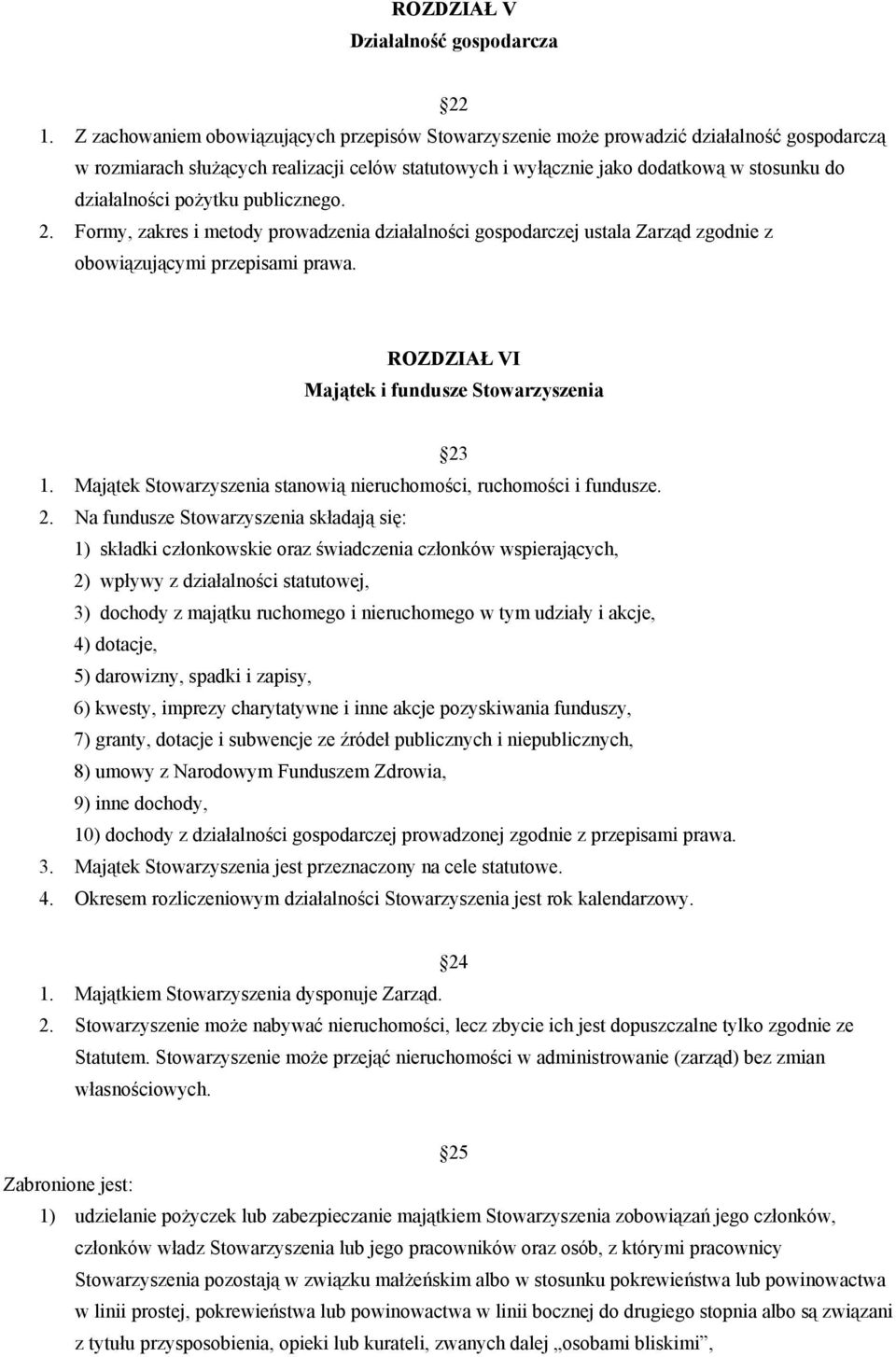 pożytku publicznego. 2. Formy, zakres i metody prowadzenia działalności gospodarczej ustala Zarząd zgodnie z obowiązującymi przepisami prawa. ROZDZIAŁ VI Majątek i fundusze Stowarzyszenia 23 1.