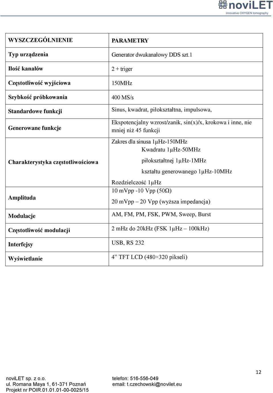 1µHz-150MHz Kwadratu 1µHz-50MHz Charakterystyka częstotliwościowa Amplituda Modulacje Częstotliwość modulacji piłokształtnej 1µHz-1MHz kształtu generowanego 1µHz-10MHz